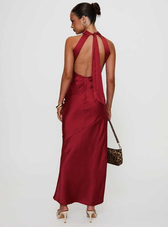 back view of model wearing Princess Polly Mordecai Halter Maxi Dress Burgundy High Neck