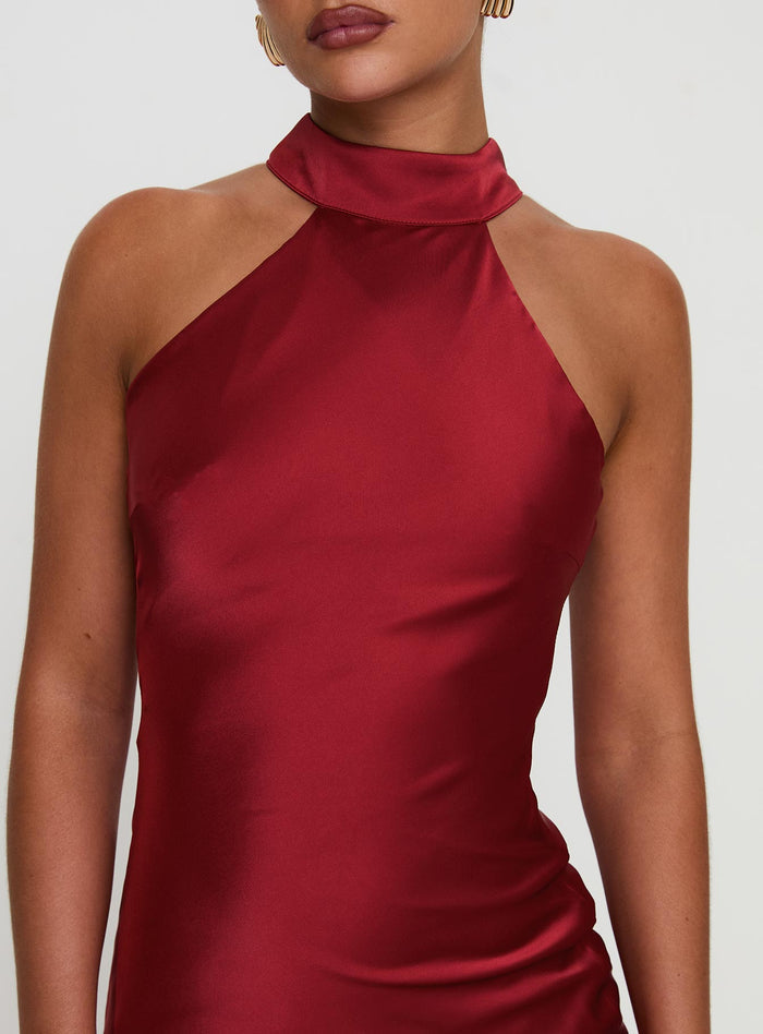 front view of model wearing Princess Polly Mordecai Halter Maxi Dress Burgundy High Neck