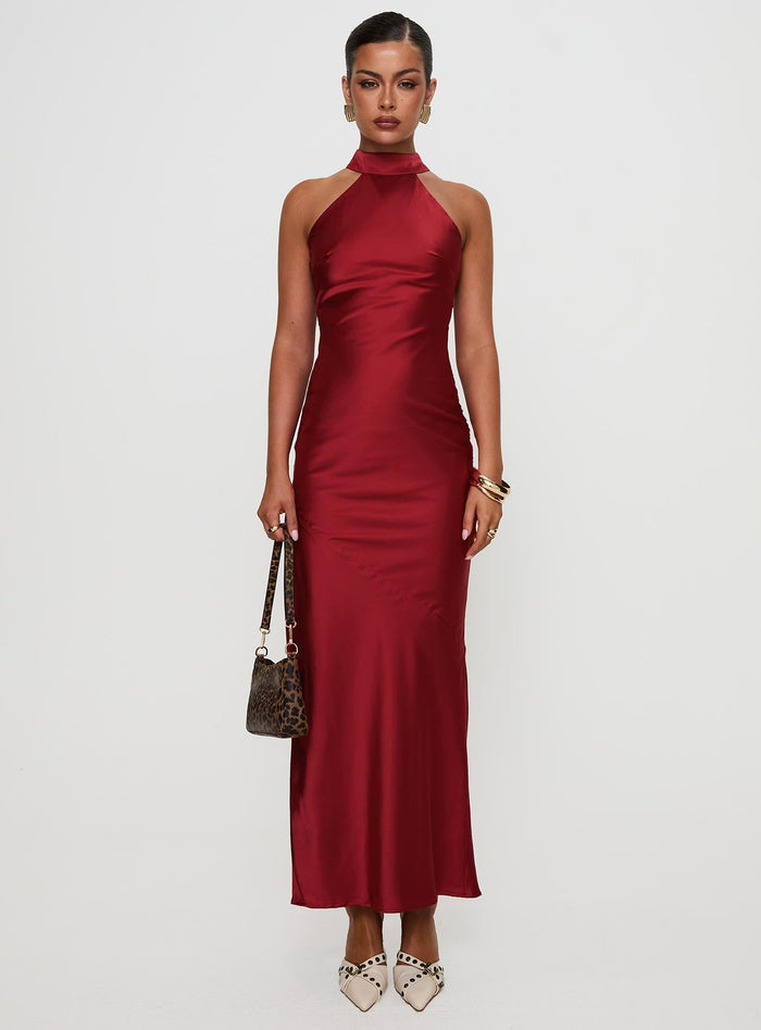 front view of model wearing Princess Polly Mordecai Halter Maxi Dress Burgundy High Neck