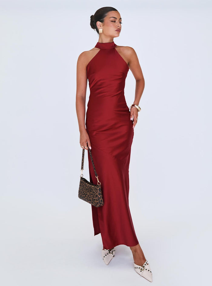 front view of model wearing Princess Polly Mordecai Halter Maxi Dress Burgundy High Neck