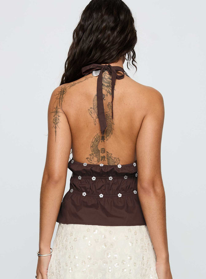 back view of model wearing Princess Polly Movies End Halter Top Brown Sleeveless Plunger