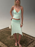 Introducing the Natabelle Lace Detail Midi Skirt in Mint, a womens-skirts design featuring asymmetry and fitted silhouette front view of model wearing Princess Polly