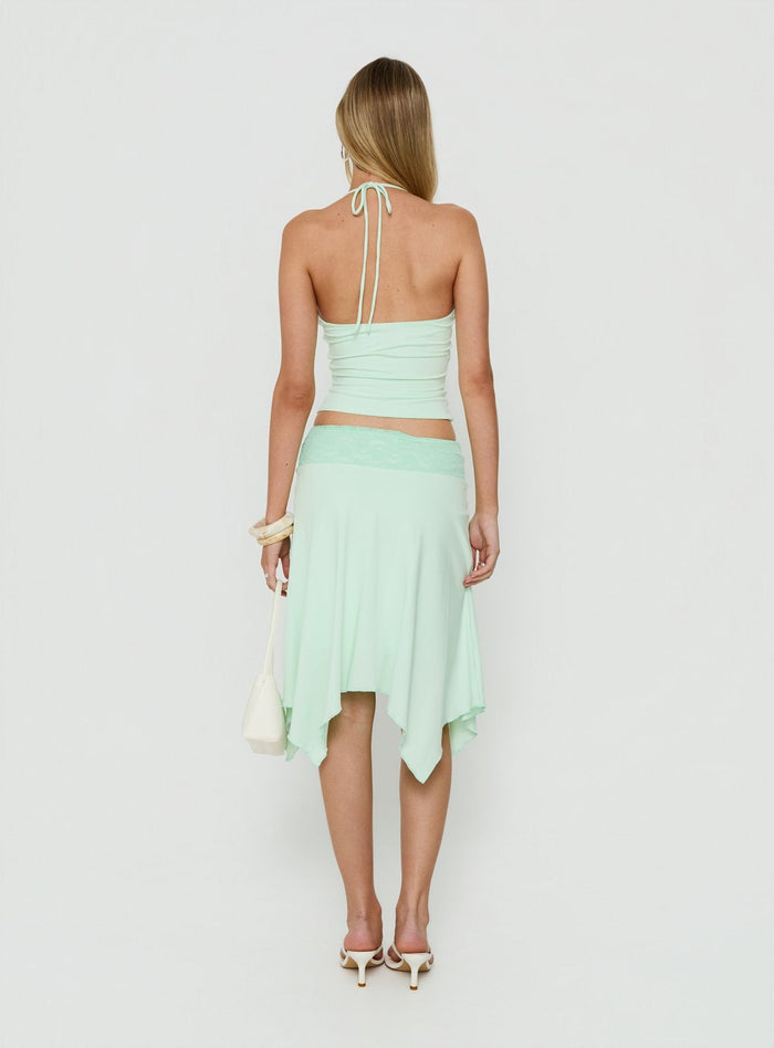 Explore the Natabelle Lace Detail Midi Skirt in Mint, a womens-skirts design with asymmetry and fitted shape back view of model wearing Princess Polly
