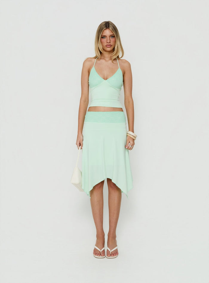 Showcasing the Natabelle Lace Detail Midi Skirt in Mint, a womens-skirts piece with asymmetry and fitted fit Princess Polly