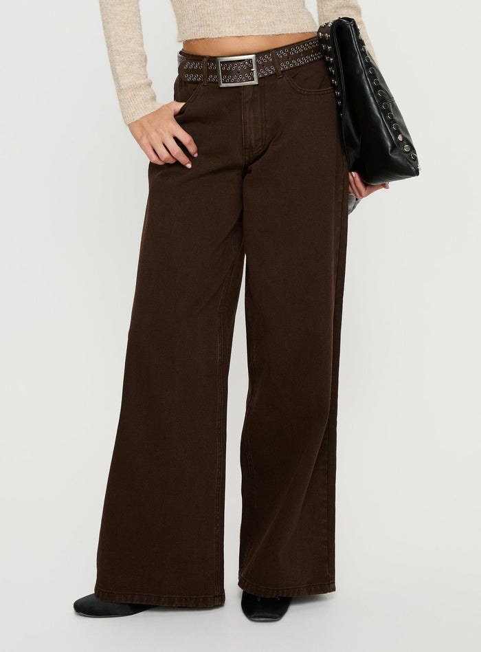 back view of model wearing Princess Polly Naylor Mid Rise Wide Leg Jeans Brown Mid Rise Jeans