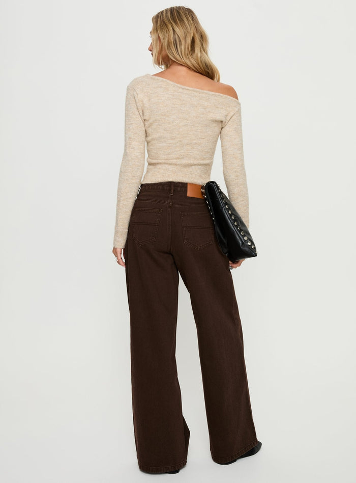 back view of model wearing Princess Polly Naylor Mid Rise Wide Leg Jeans Brown Mid Rise Jeans
