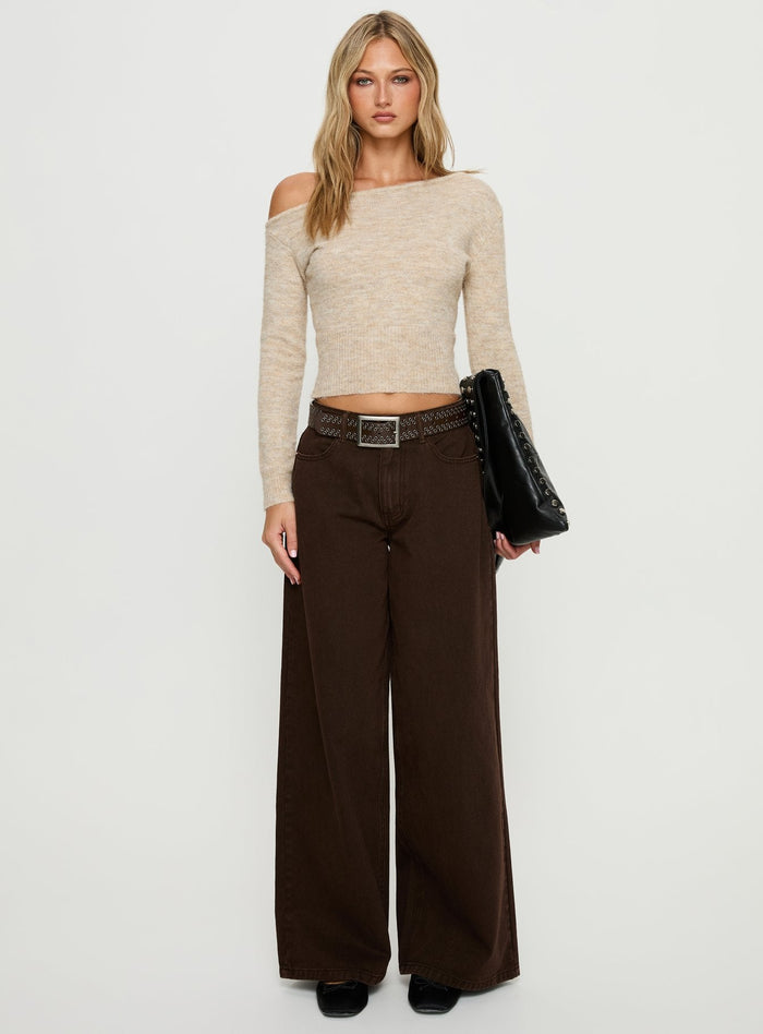 front view of model wearing Princess Polly Naylor Mid Rise Wide Leg Jeans Brown Mid Rise Jeans