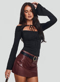 front view of model wearing Princess Polly Nevah Long Sleeve Top Black Full Sleeves straight