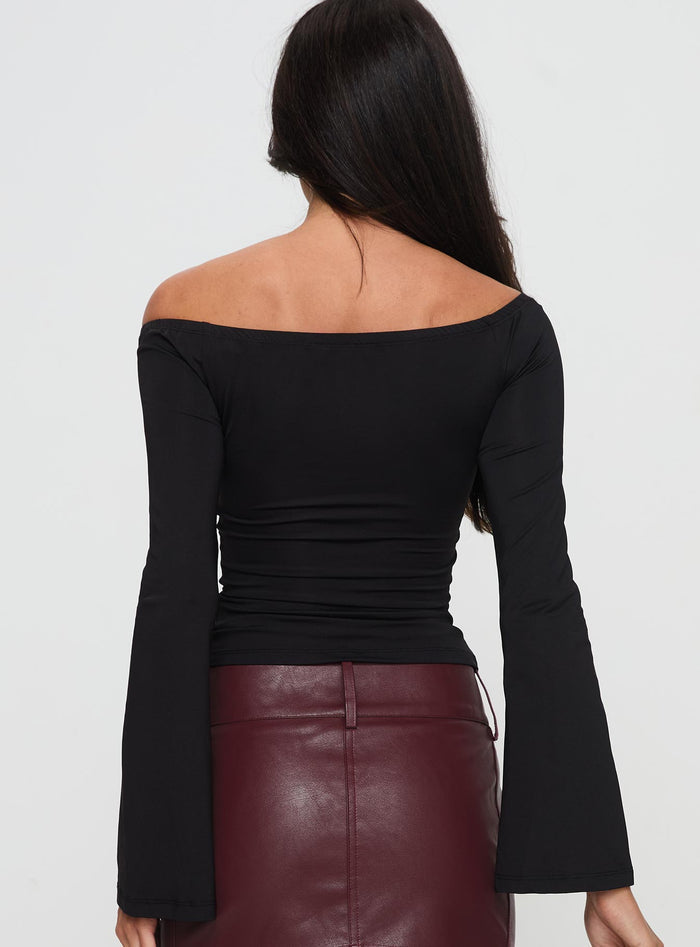 back view of model wearing Princess Polly Nevah Long Sleeve Top Black Full Sleeves straight