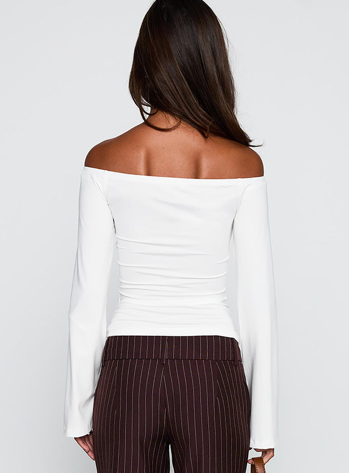 back view of model wearing Princess Polly Nevah Long Sleeve Top White Full Sleeves straight