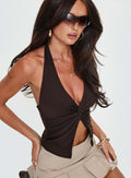back view of model wearing Princess Polly No Hard Feelings Twist Top Brown Sleeveless Plunger