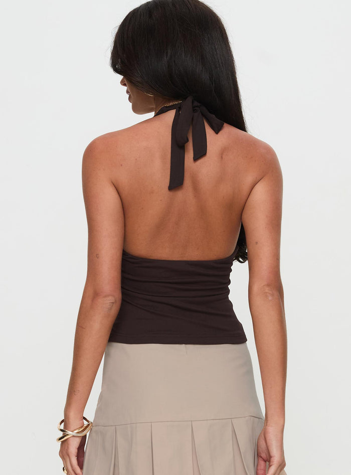 back view of model wearing Princess Polly No Hard Feelings Twist Top Brown Sleeveless Plunger
