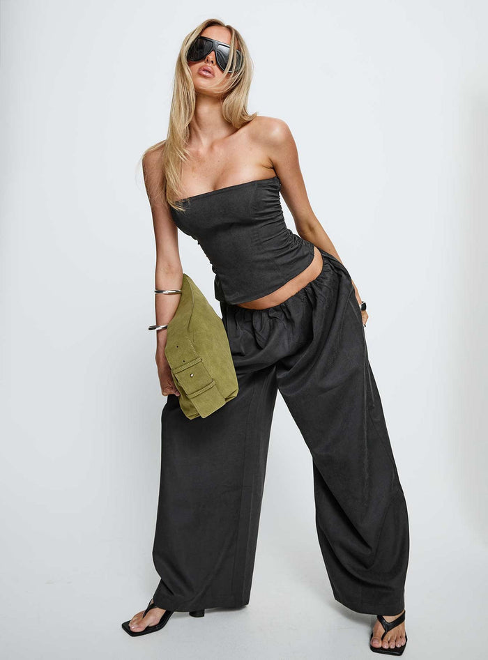 back view of model wearing Princess Polly Odara Wide Leg Pants Black Low Rise Pants