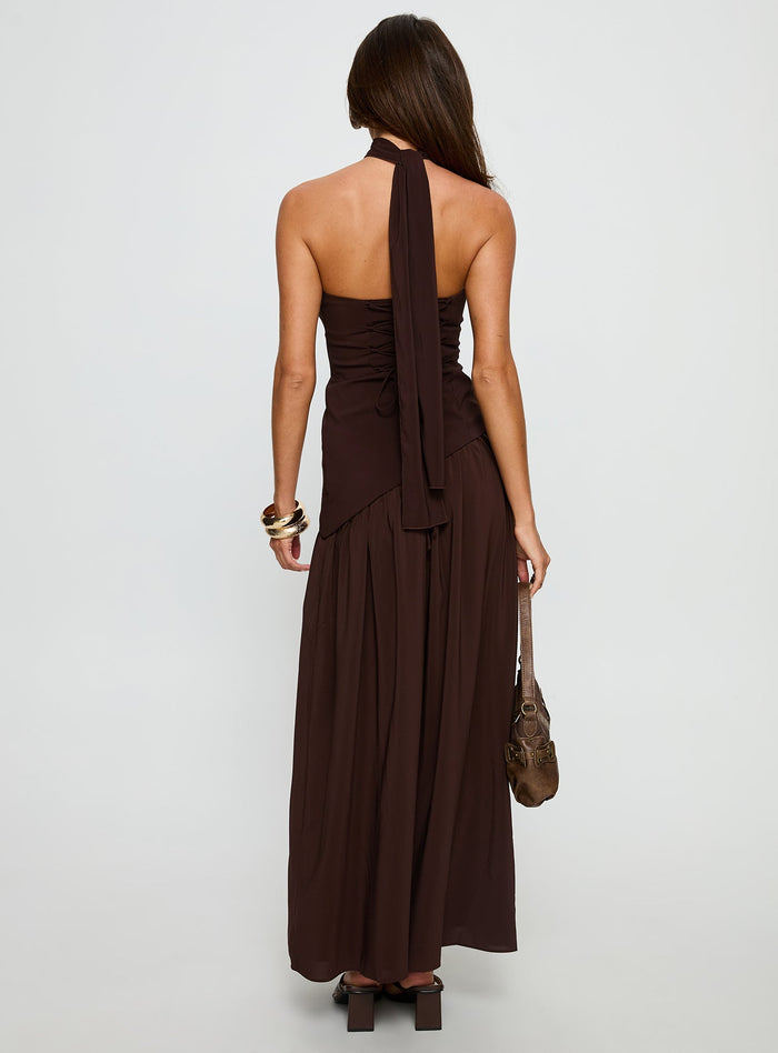 Odela Strapless Scarf Drop Waist Maxi Dress Chocolate