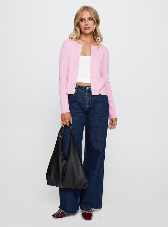 back view of model wearing Princess Polly Old Burlington Knit Cardigan Pink Cropped
