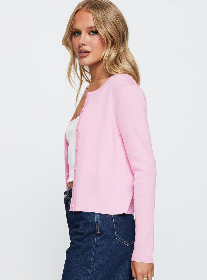 side view of model wearing Princess Polly Old Burlington Knit Cardigan Pink Cropped