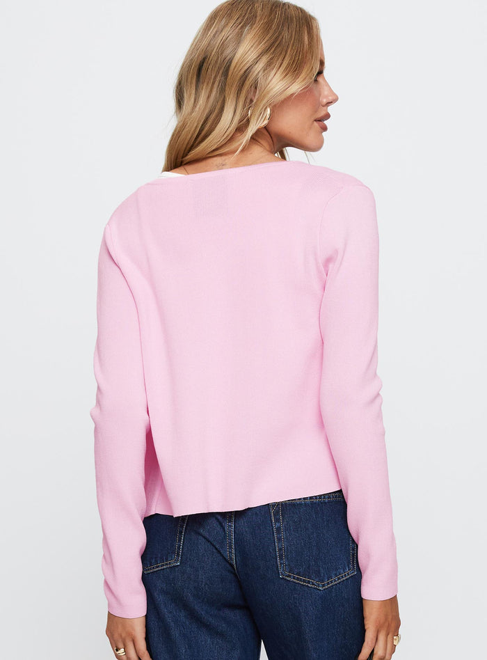 back view of model wearing Princess Polly Old Burlington Knit Cardigan Pink Cropped