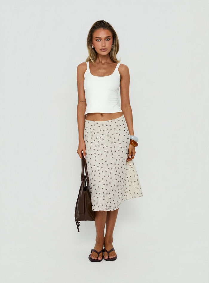 Featuring the Olila Sequin Midi Skirt White Polka Dot womens-skirts with midi length front view of model wearing Princess Polly