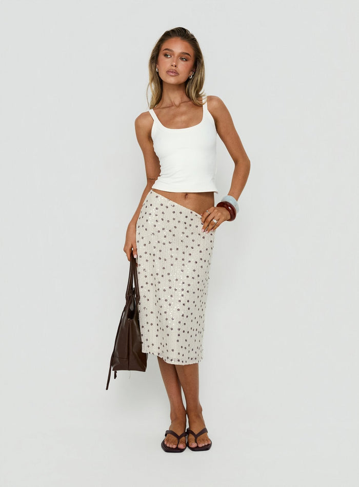 Featuring the Olila Sequin Midi Skirt White Polka Dot womens-skirts with midi length front view of model wearing Princess Polly