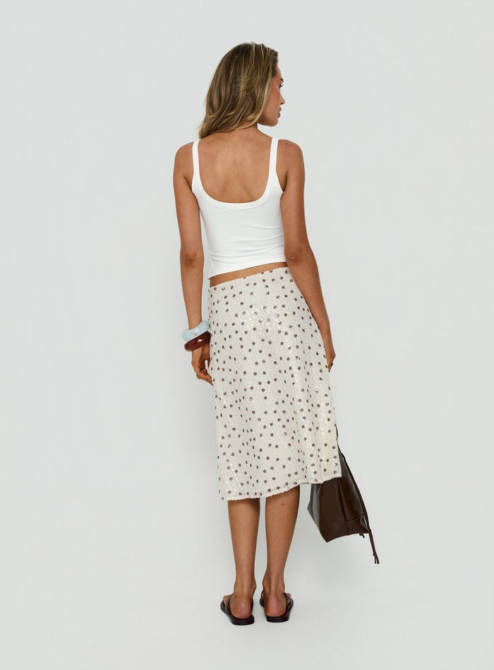Capturing the Olila Sequin Midi Skirt White Polka Dot womens-skirts with midi length back view of model wearing Princess Polly