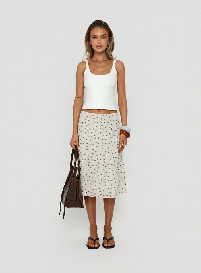 Featuring the Olila Sequin Midi Skirt White Polka Dot womens-skirts with midi length front view of model wearing Princess Polly