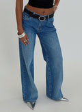 front view of model wearing Princess Polly On Sunset Mid Rise Straight Leg Jeans Dark Wash Mid Rise