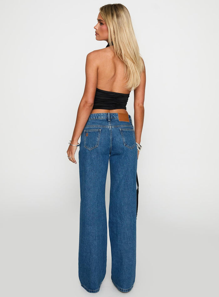 back view of model wearing Princess Polly On Sunset Mid Rise Straight Leg Jeans Dark Wash Mid Rise