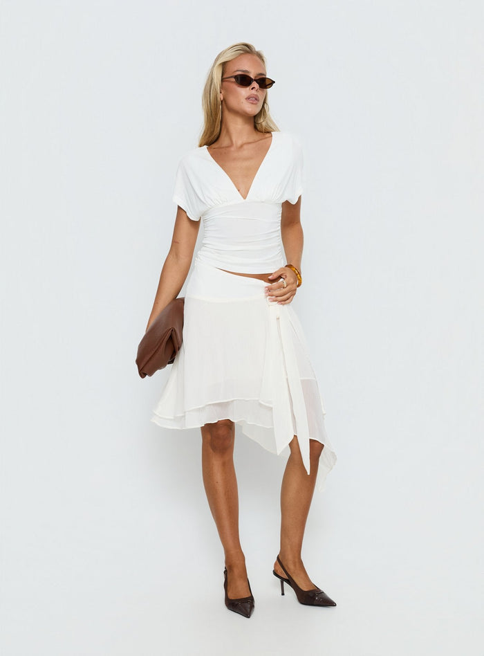 front view of model wearing Princess Polly Ophella Tie Waist Chiffon Midi Skirt Cream