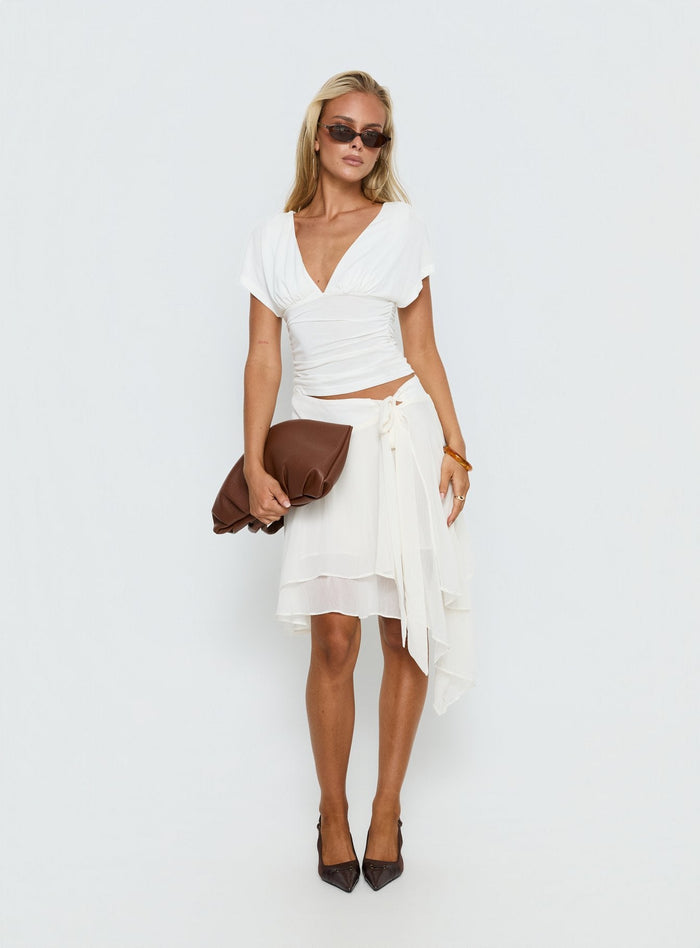 side view of model wearing Princess Polly Ophella Tie Waist Chiffon Midi Skirt Cream
