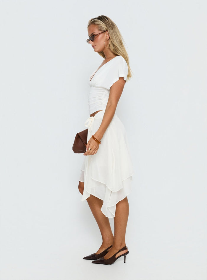 side view of model wearing Princess Polly Ophella Tie Waist Chiffon Midi Skirt Cream