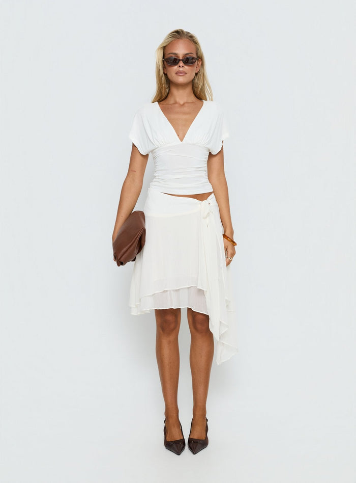 side view of model wearing Princess Polly Ophella Tie Waist Chiffon Midi Skirt Cream