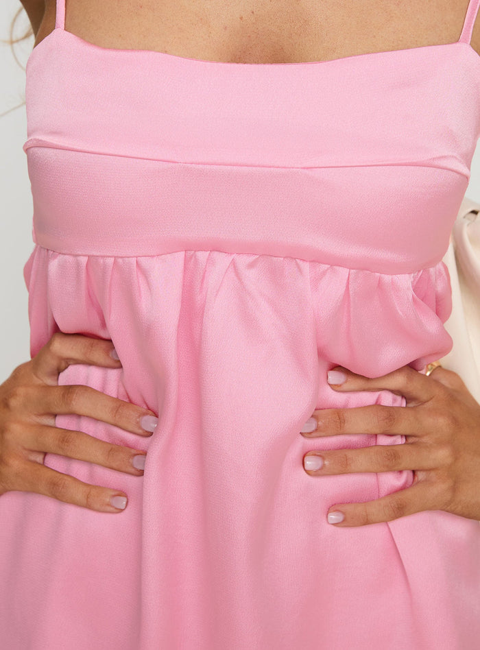 back view of model wearing Princess Polly Ortega Mini Dress Pink Square Neck