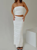 Matching set Strapless style, shirred material, invisible zip fastening, elasticated waistband, split in hem at side Non-stretch material, fully lined