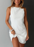 front view of model wearing Princess Polly Pacie Broderie Mini Dress White Crew Neck
