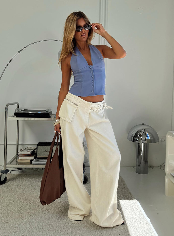 side view of model wearing Princess Polly Paltrow Cargo Jeans Cream Low Rise Jeans