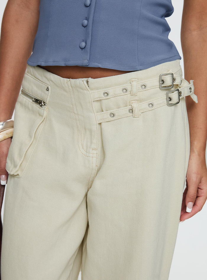 back view of model wearing Princess Polly Paltrow Cargo Jeans Cream Low Rise Jeans