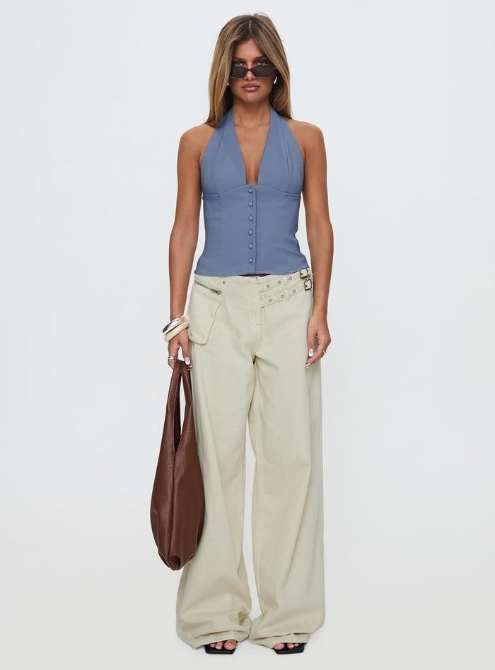 side view of model wearing Princess Polly Paltrow Cargo Jeans Cream Low Rise Jeans