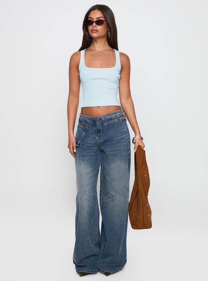 front view of model wearing Princess Polly Paltrow Cargo Jeans Mid Blue Wash Mid Rise