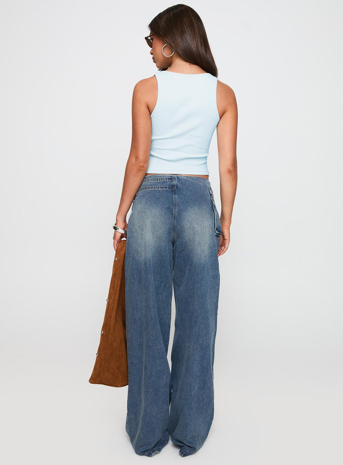 back view of model wearing Princess Polly Paltrow Cargo Jeans Mid Blue Wash Mid Rise
