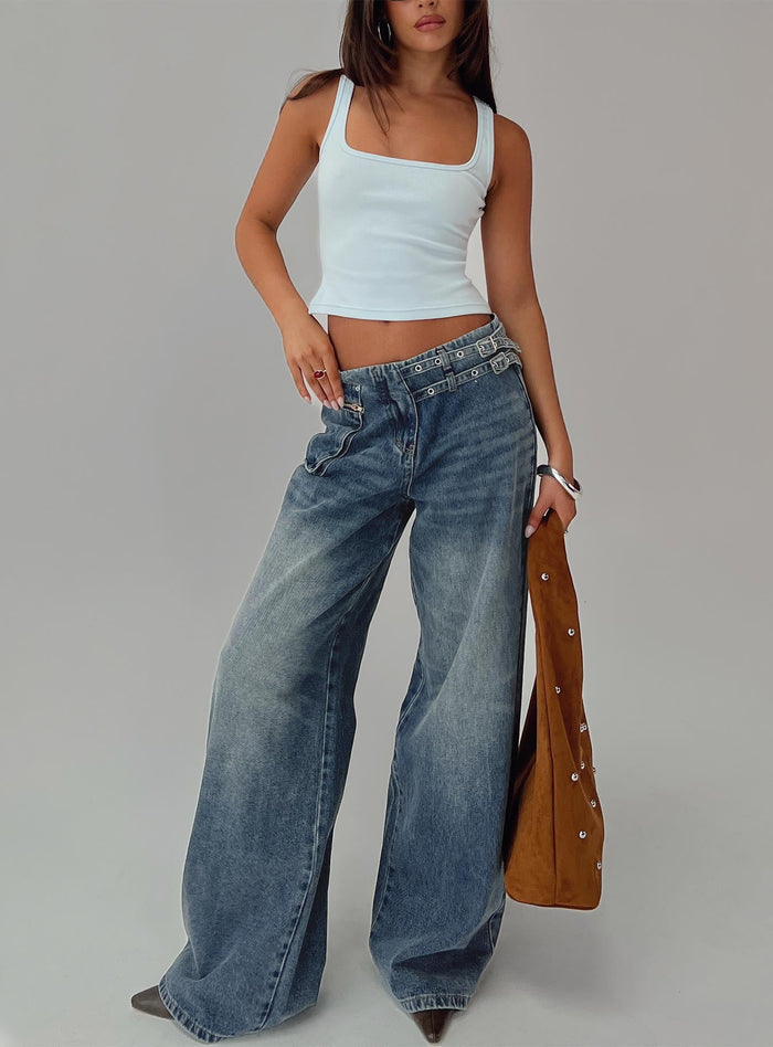 front view of model wearing Princess Polly Paltrow Cargo Jeans Mid Blue Wash Mid Rise