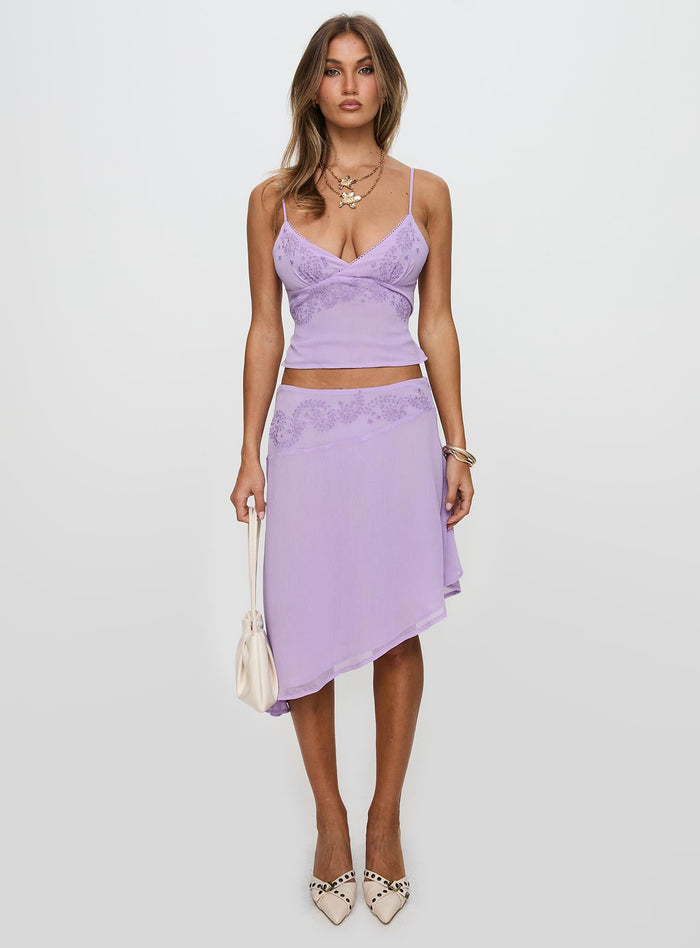 front view of model wearing Princess Polly Pappilion Asymmetrical Skirt Lilac
