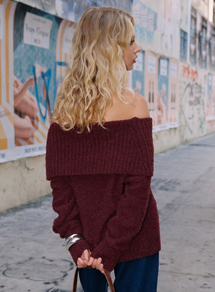 back view of model wearing Princess Polly Parkley Boucle Off The Shoulder Sweater Burgundy Long