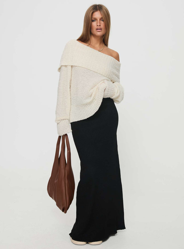 side view of model wearing Princess Polly Parkley Boucle Off The Shoulder Sweater Cream Long