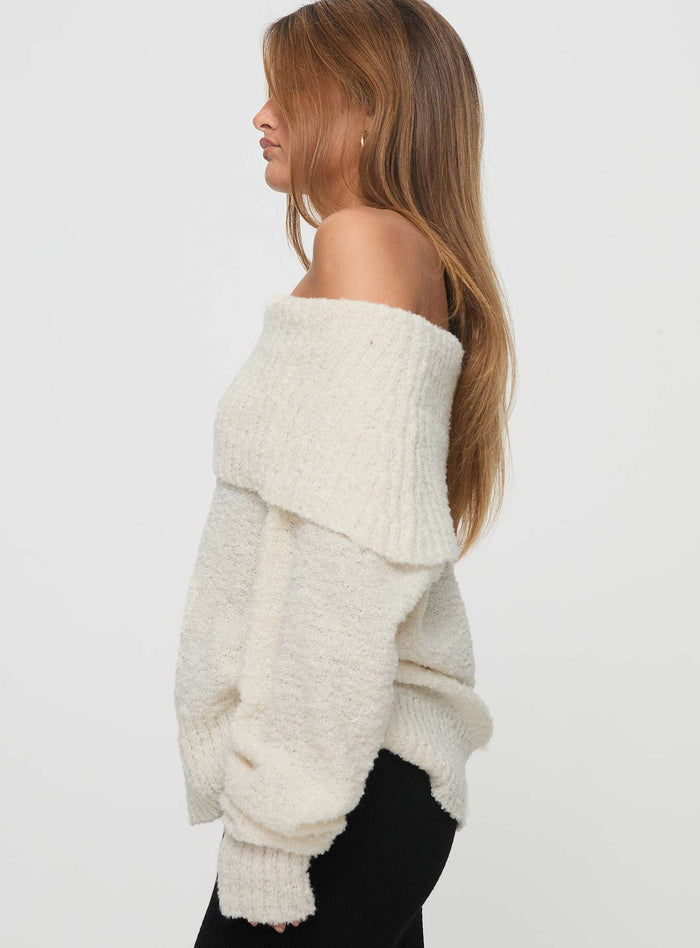 side view of model wearing Princess Polly Parkley Boucle Off The Shoulder Sweater Cream Long