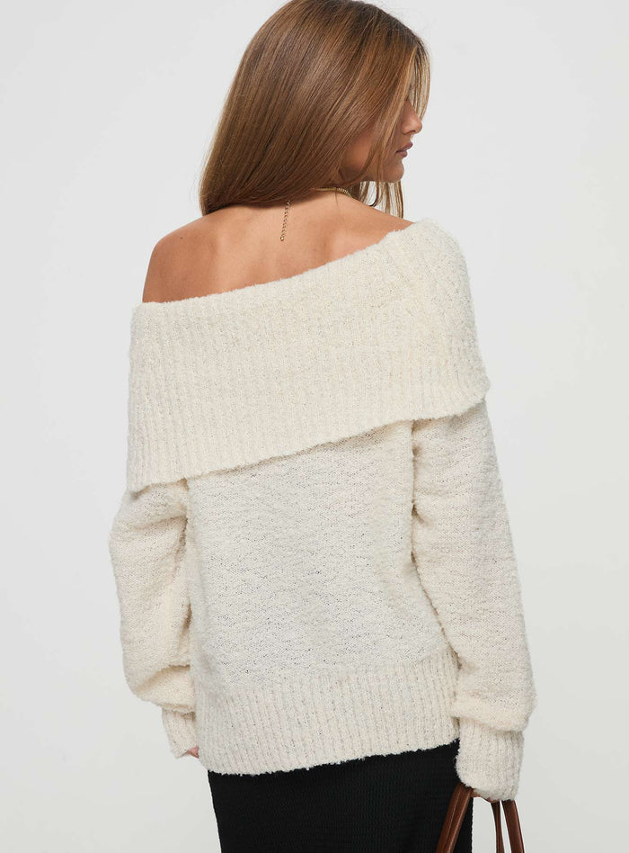 back view of model wearing Princess Polly Parkley Boucle Off The Shoulder Sweater Cream Long