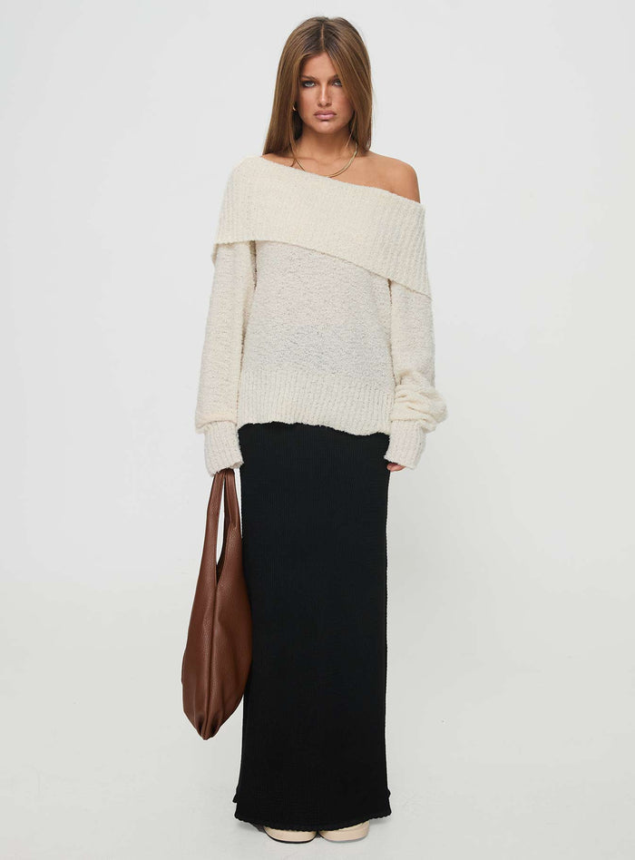 front view of model wearing Princess Polly Parkley Boucle Off The Shoulder Sweater Cream Long
