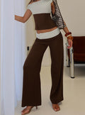 front view of model wearing Princess Polly Past Life Fold Over Waistband Pant Brown / Stripe Mid Rise Pants