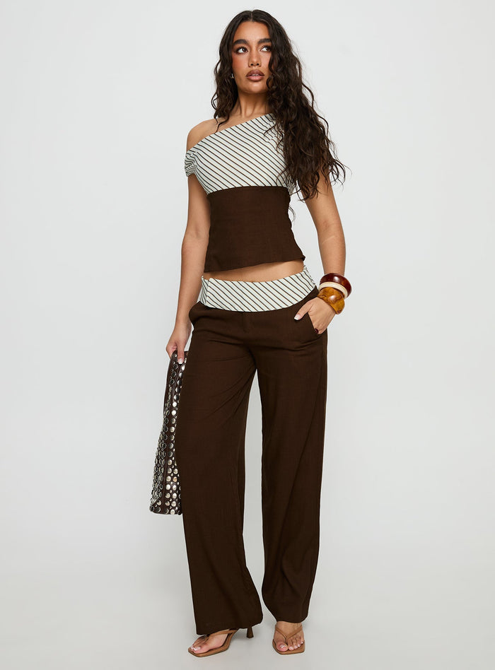 front view of model wearing Princess Polly Past Life Fold Over Waistband Pant Brown / Stripe Mid Rise Pants