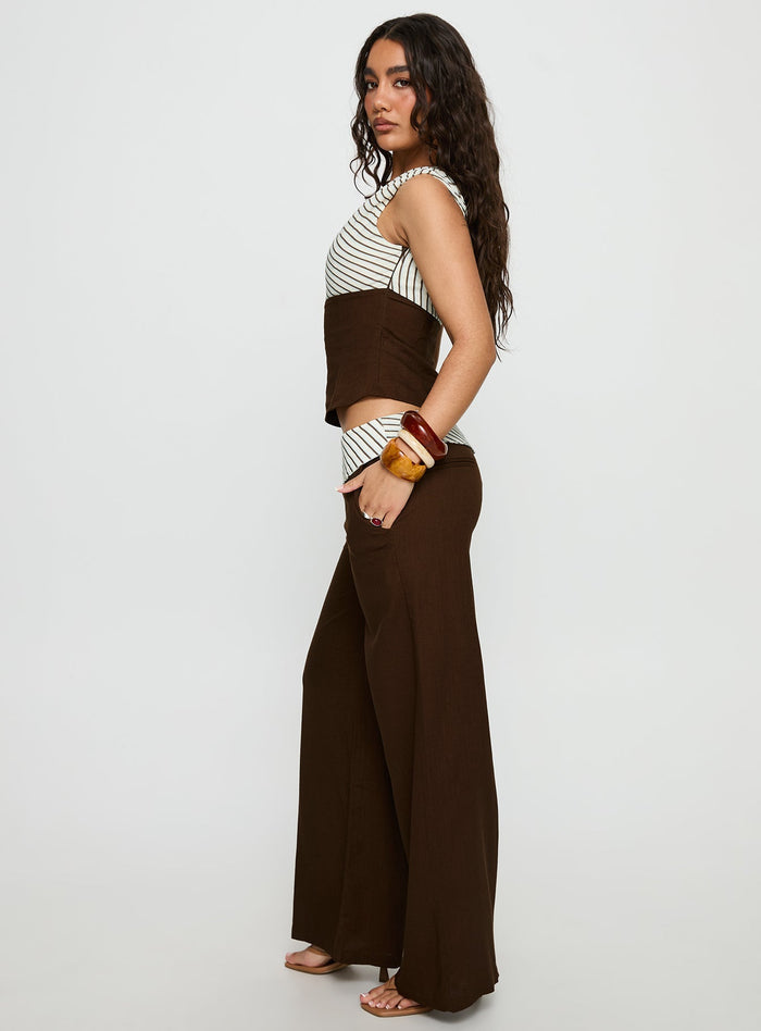 side view of model wearing Princess Polly Past Life Fold Over Waistband Pant Brown / Stripe Mid Rise Pants