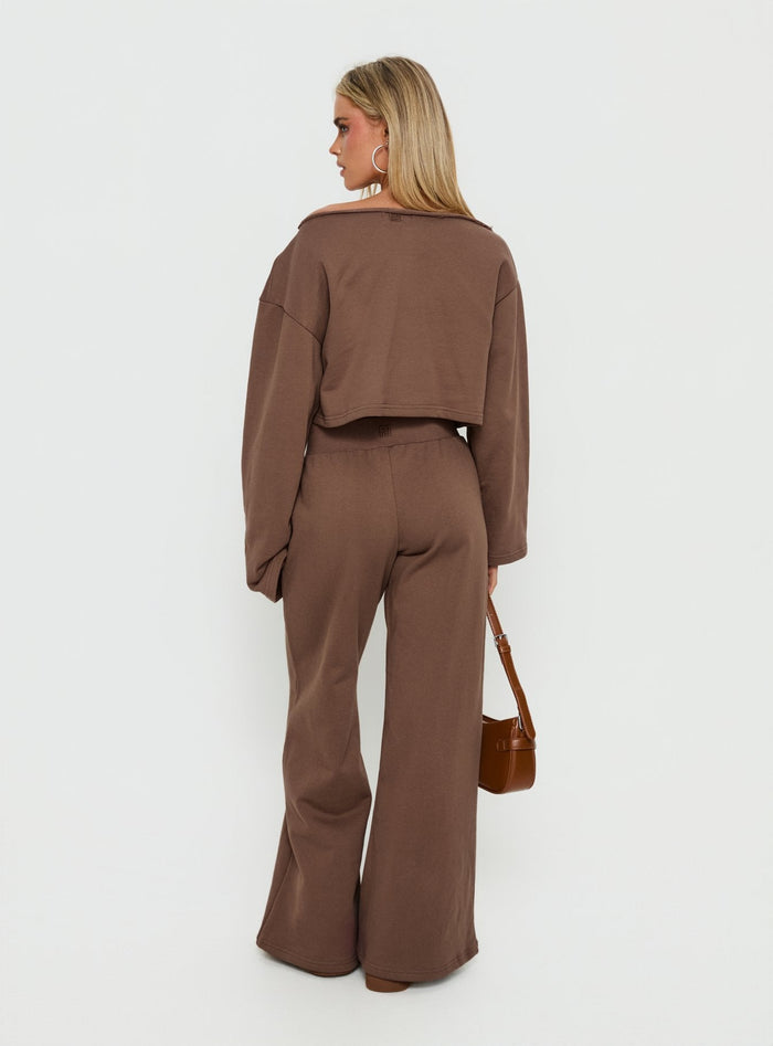 back view of model wearing Princess Polly Peaks Flared Track Pants Cocoa Mid Rise Pants